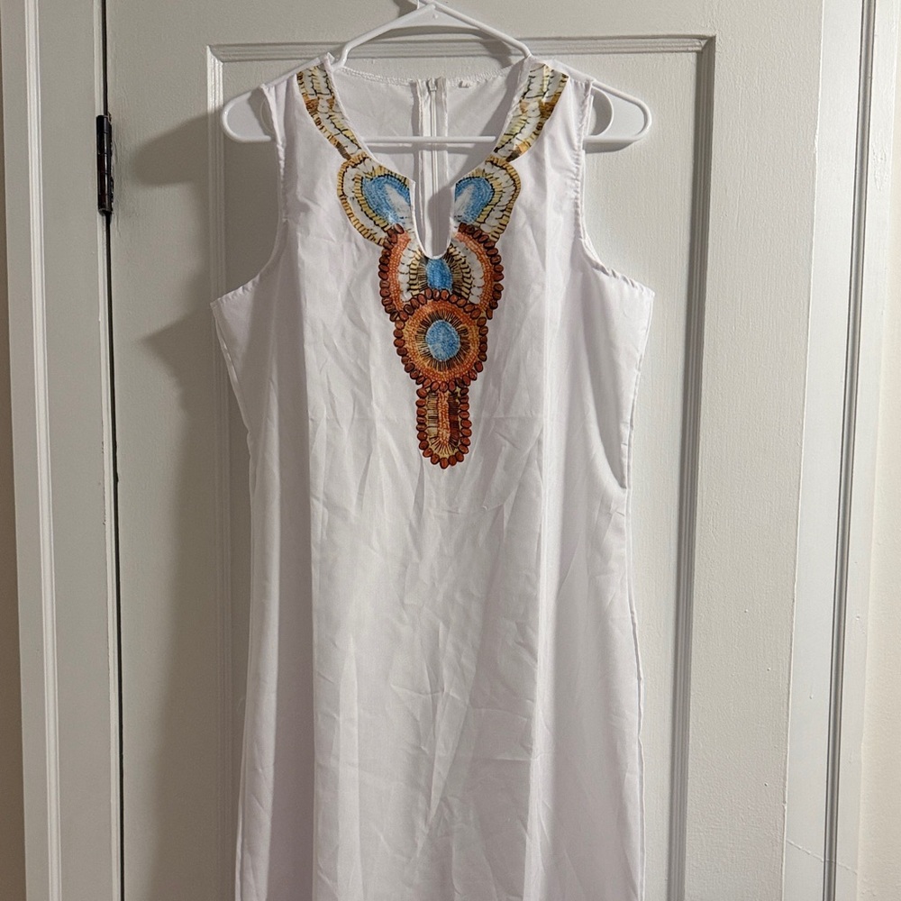 Elegant White Dress with Colorful Embroidery